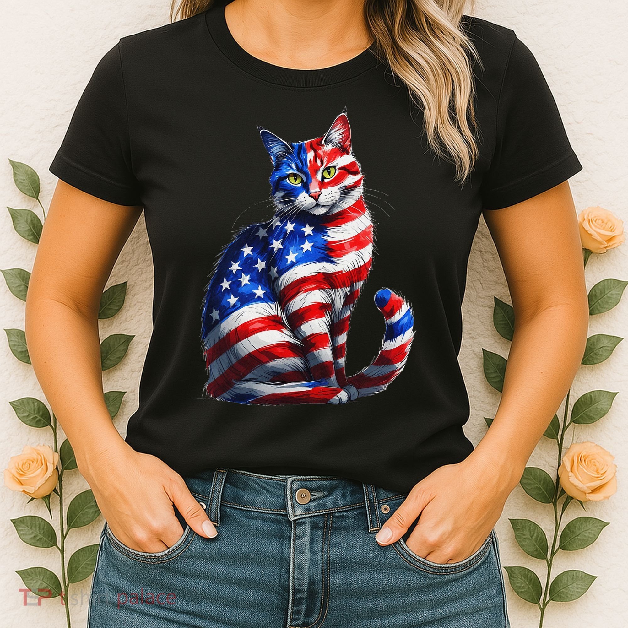 Funny Cute Cat Green Eyes Cat USA Flag 4th Of July Women's T-Shirt