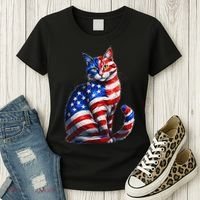 Funny Cute Cat Green Eyes Cat USA Flag 4th Of July Women's T-Shirt thumb 3