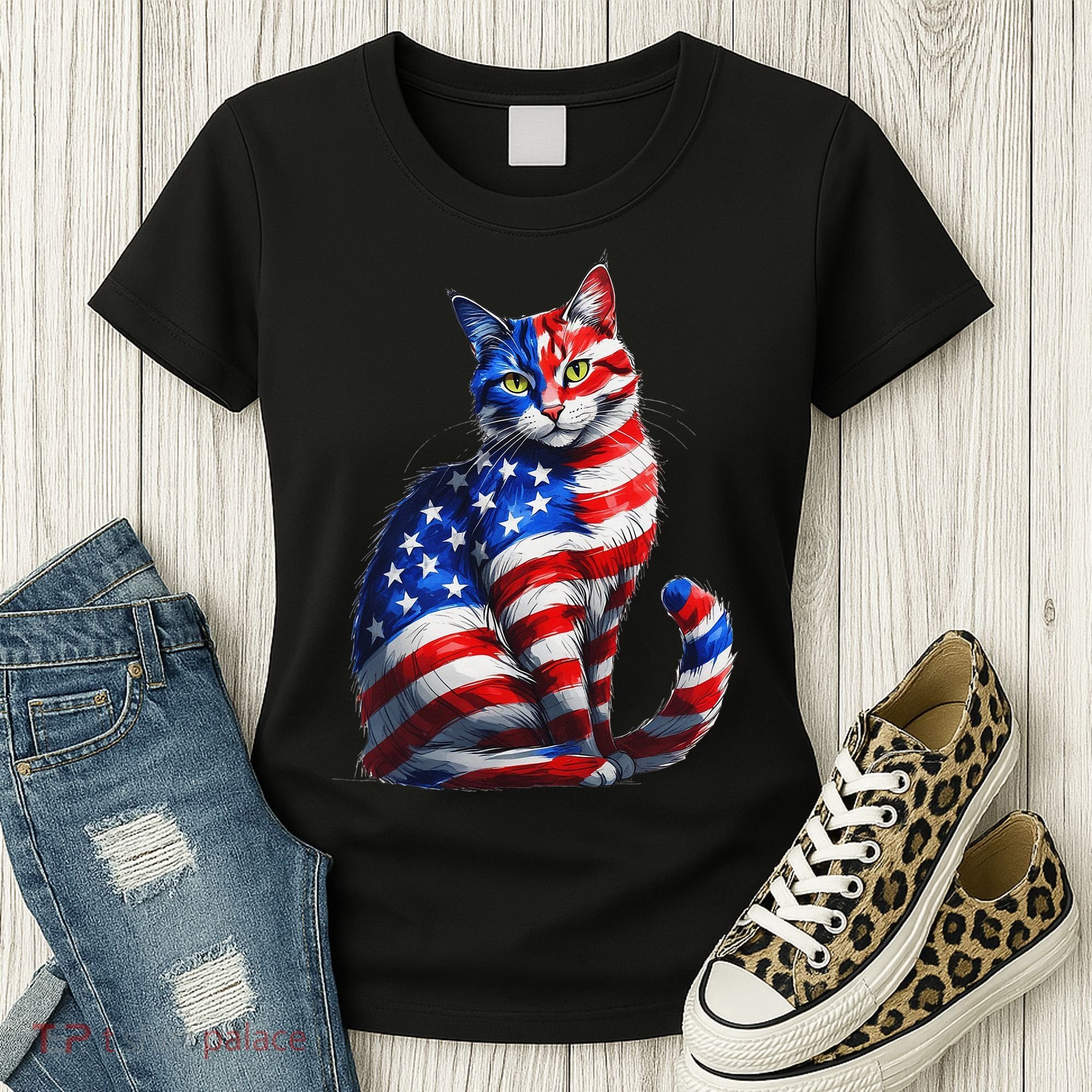 Funny Cute Cat Green Eyes Cat USA Flag 4th Of July Women's T-Shirt
