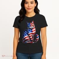 Funny Cute Cat Green Eyes Cat USA Flag 4th Of July Women's T-Shirt thumb 4