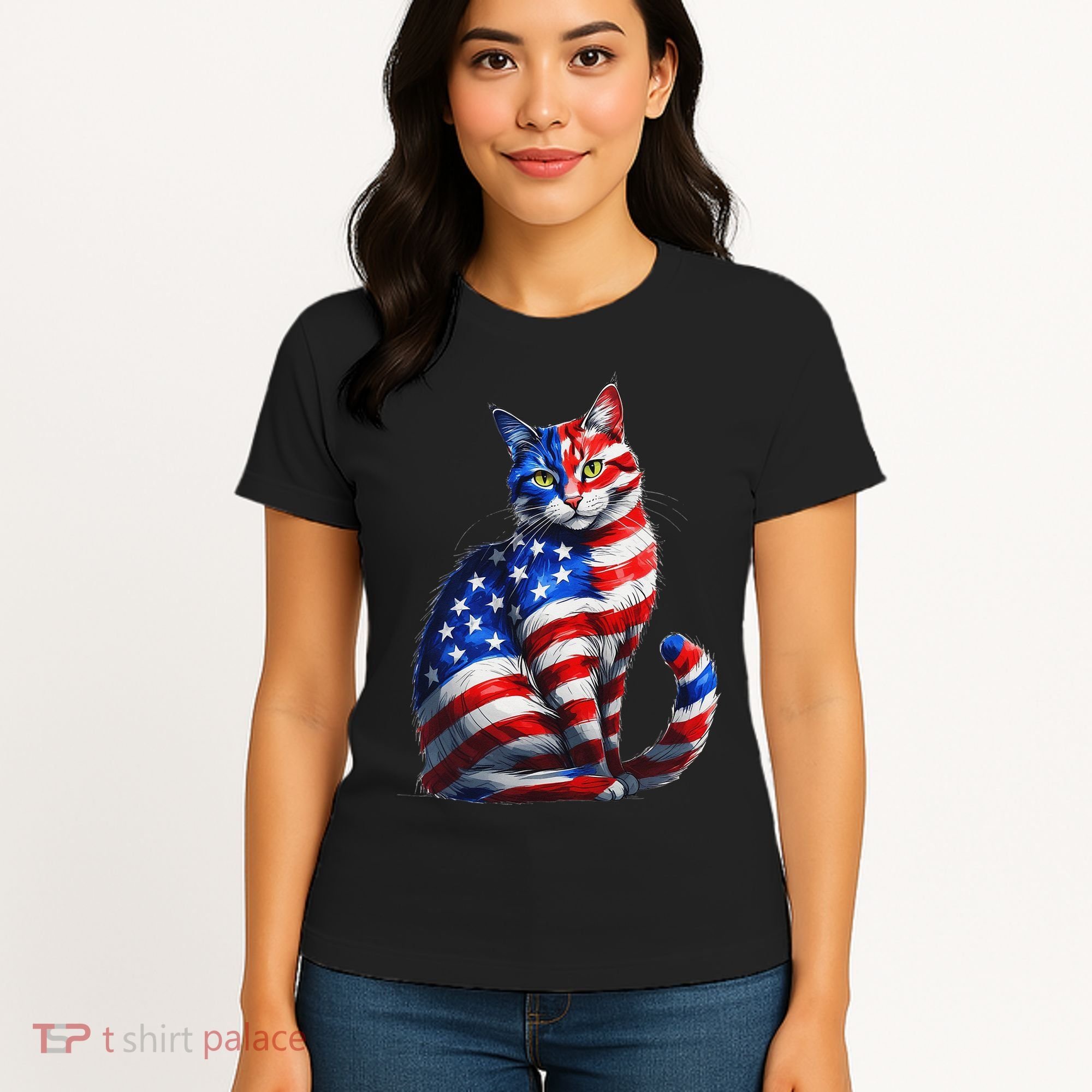 Funny Cute Cat Green Eyes Cat USA Flag 4th Of July Women's T-Shirt