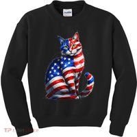 Funny Cute Cat Green Eyes Cat USA Flag 4th Of July Kids Sweatshirt thumb 0