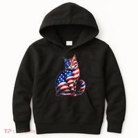 Funny Cute Cat Green Eyes Cat USA Flag 4th Of July Kids Hoodie thumb 0