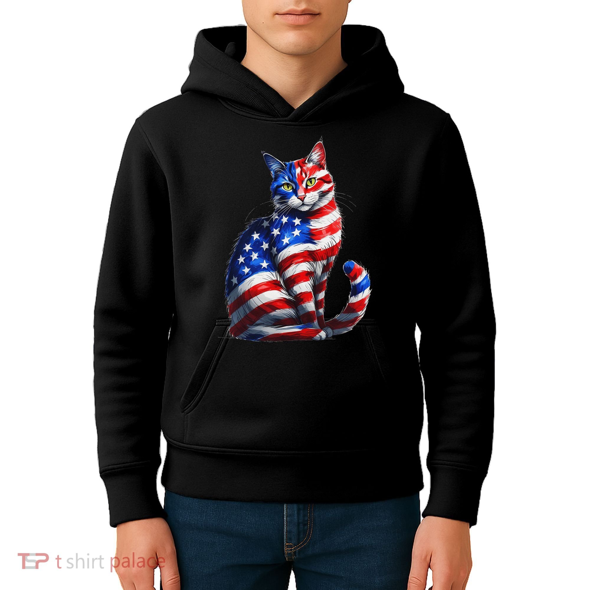 Funny Cute Cat Green Eyes Cat USA Flag 4th Of July Kids Hoodie