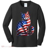 Funny Cute Cat Green Eyes Cat USA Flag 4th Of July Kids Long Sleeve Shirt thumb 0