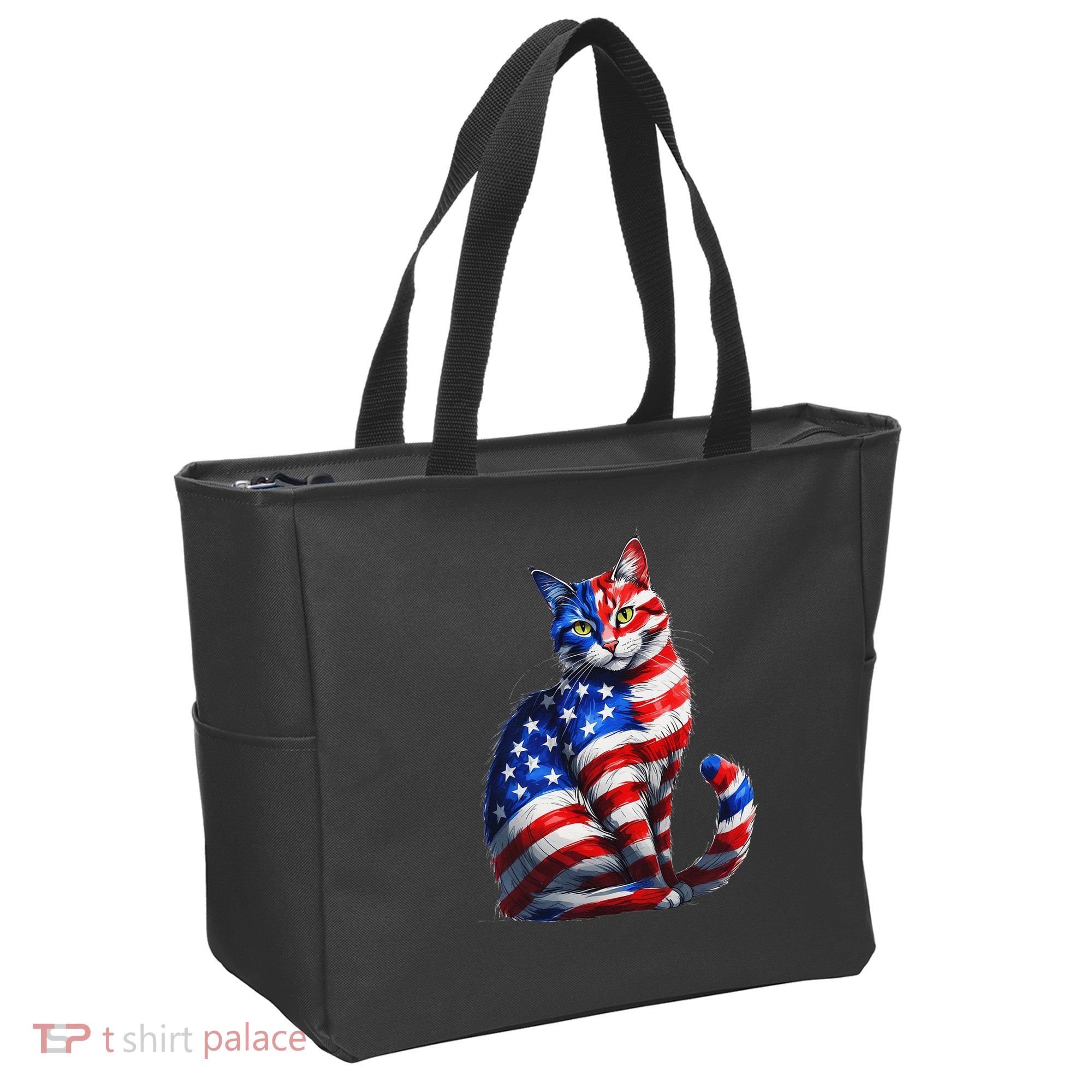 Funny Cute Cat Green Eyes Cat USA Flag 4th Of July Tote Bag