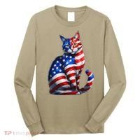 Funny Cute Cat Green Eyes Cat USA Flag 4th Of July Long Sleeve Shirt thumb 0