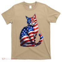 Funny Cute Cat Green Eyes Cat USA Flag 4th Of July T-Shirt thumb 0