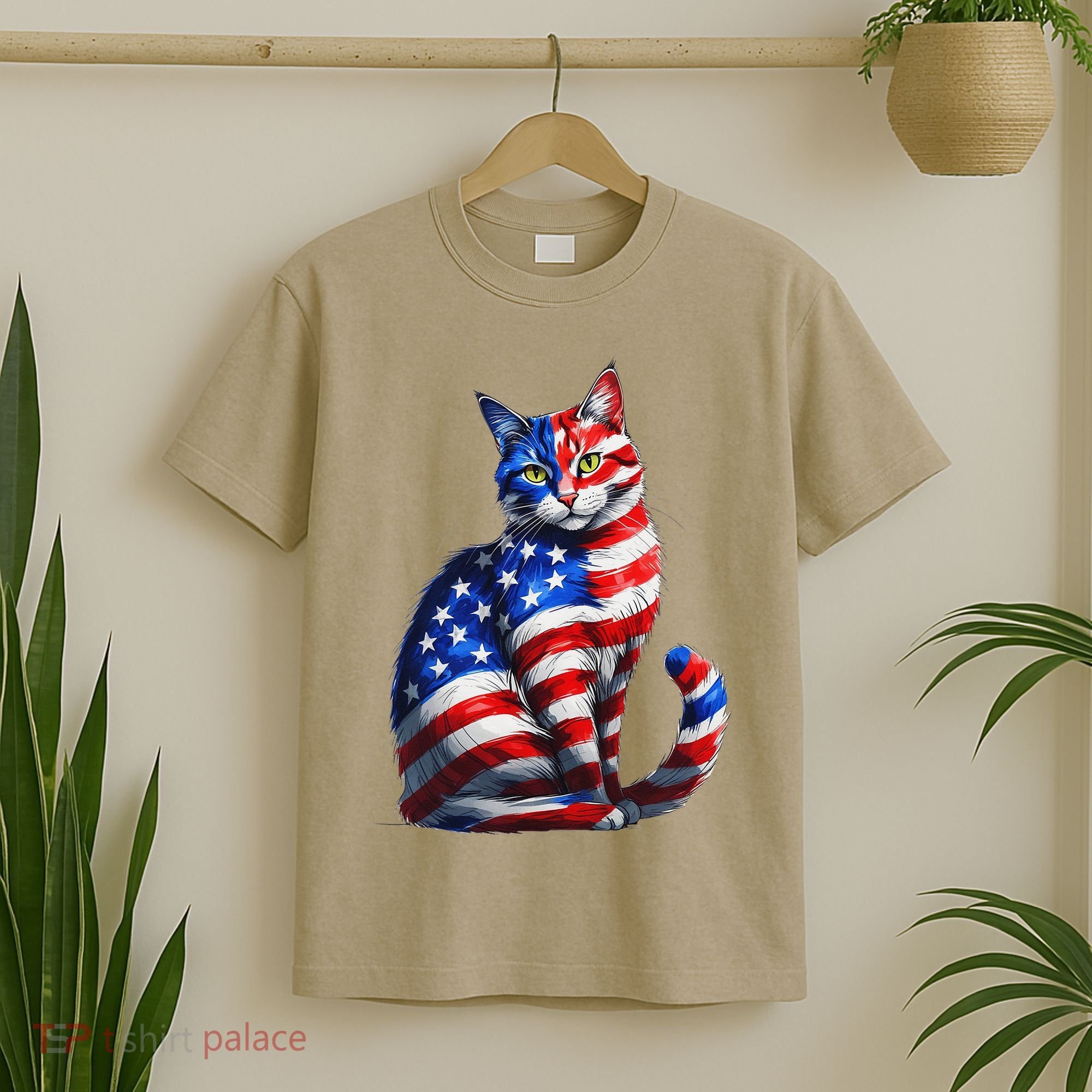 Funny Cute Cat Green Eyes Cat USA Flag 4th Of July T-Shirt