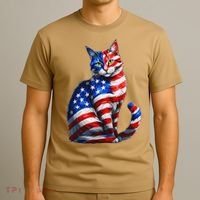 Funny Cute Cat Green Eyes Cat USA Flag 4th Of July T-Shirt thumb 3
