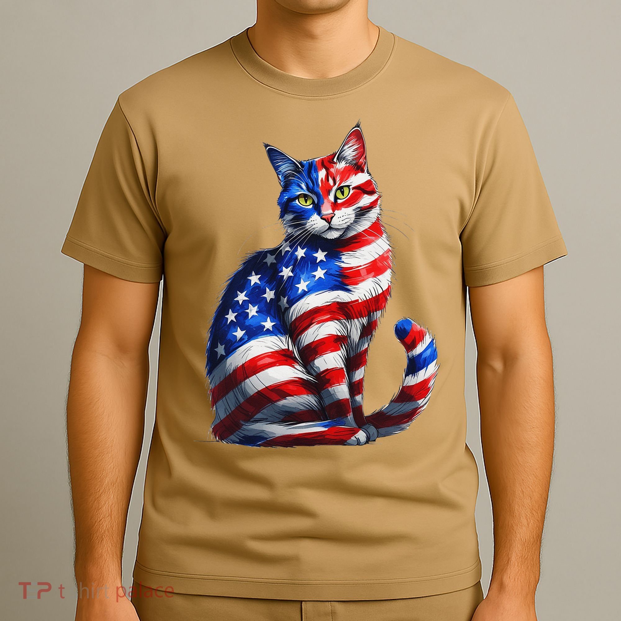 Funny Cute Cat Green Eyes Cat USA Flag 4th Of July T-Shirt