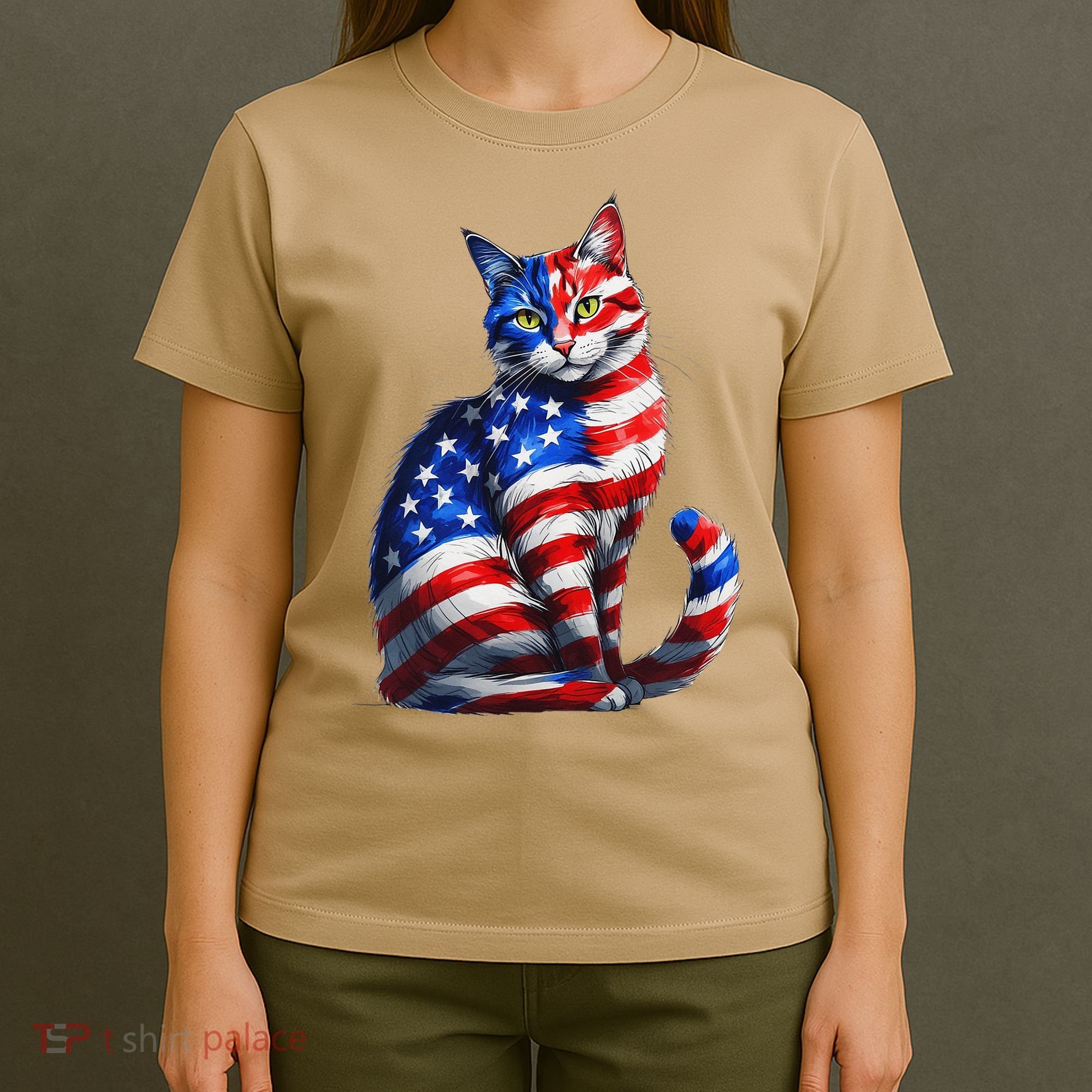 Funny Cute Cat Green Eyes Cat USA Flag 4th Of July T-Shirt