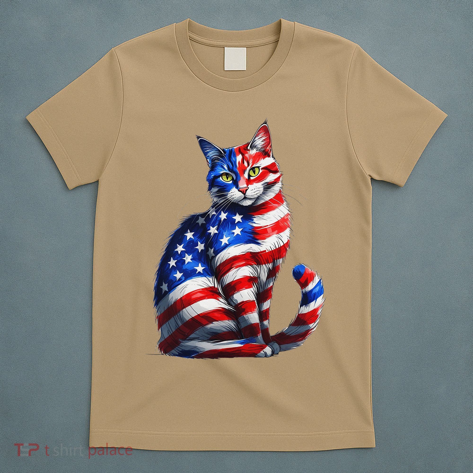 Funny Cute Cat Green Eyes Cat USA Flag 4th Of July T-Shirt