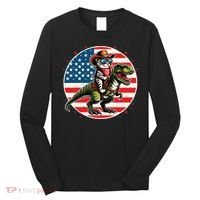 Funny Cowboy Cat Riding Dinosaur Usa Flag Trex 4th Of July Long Sleeve Shirt thumb 0