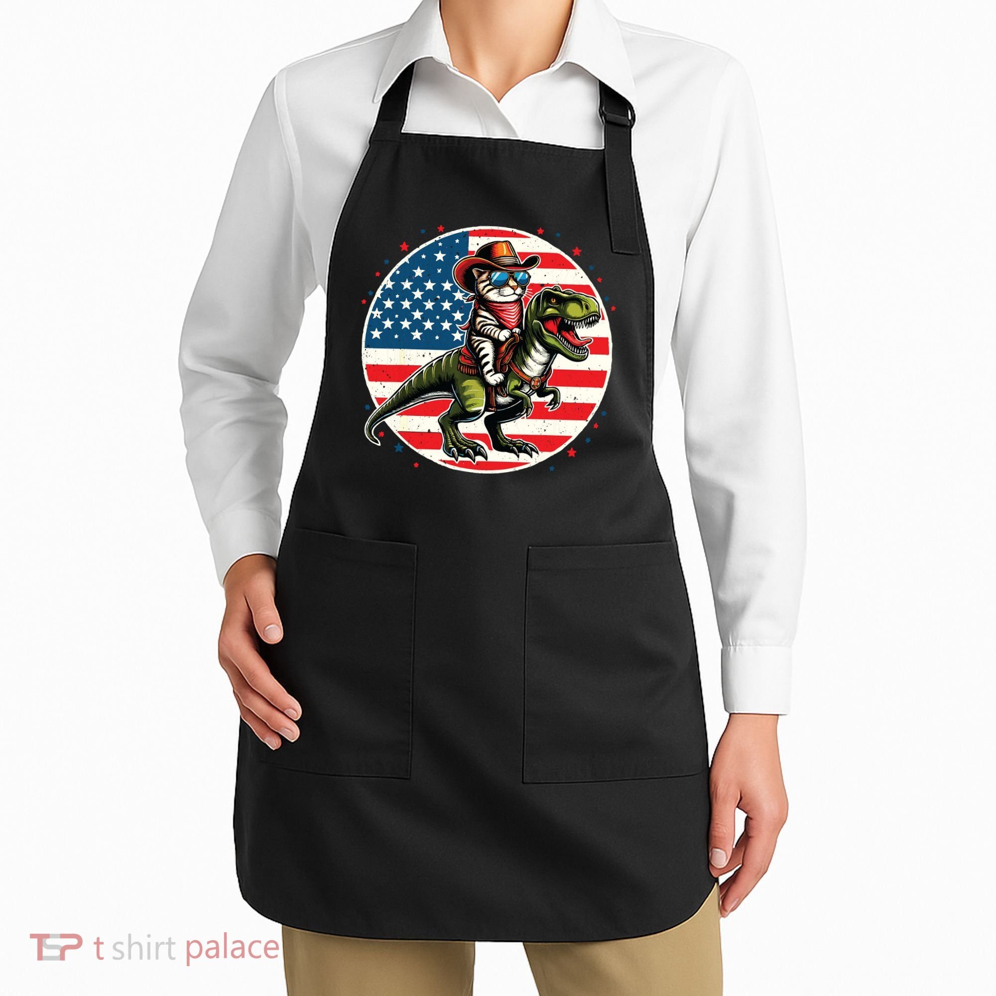 Funny Cowboy Cat Riding Dinosaur Usa Flag Trex 4th Of July Apron