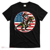 Funny Cowboy Cat Riding Dinosaur Usa Flag Trex 4th Of July T-Shirt thumb 0
