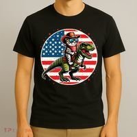 Funny Cowboy Cat Riding Dinosaur Usa Flag Trex 4th Of July T-Shirt thumb 3