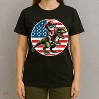 Funny Cowboy Cat Riding Dinosaur Usa Flag Trex 4th Of July T-Shirt thumb 4