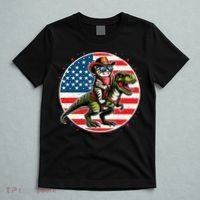 Funny Cowboy Cat Riding Dinosaur Usa Flag Trex 4th Of July T-Shirt thumb 5
