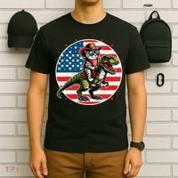 Funny Cowboy Cat Riding Dinosaur Usa Flag Trex 4th Of July T-Shirt thumb 6