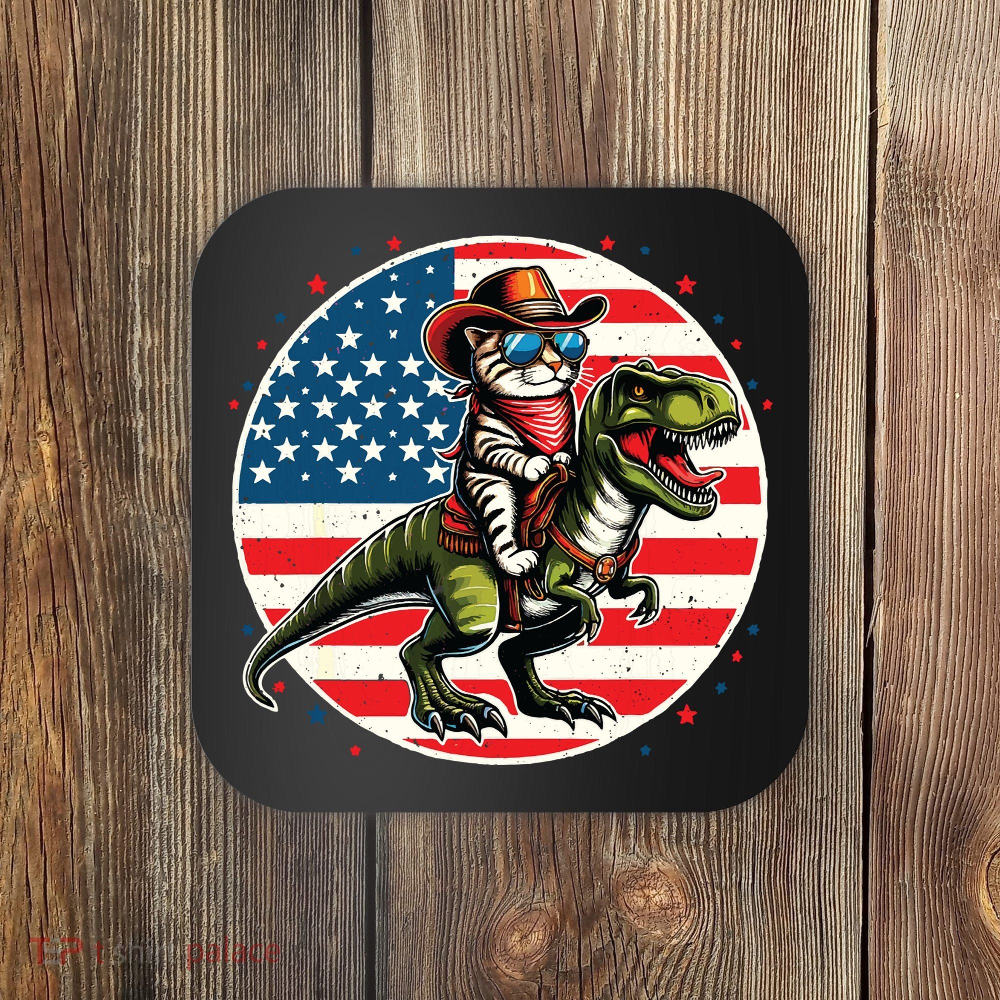 Funny Cowboy Cat Riding Dinosaur Usa Flag Trex 4th Of July Coaster
