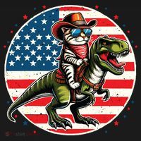 Funny Cowboy Cat Riding Dinosaur Usa Flag Trex 4th Of July Polo thumb 3