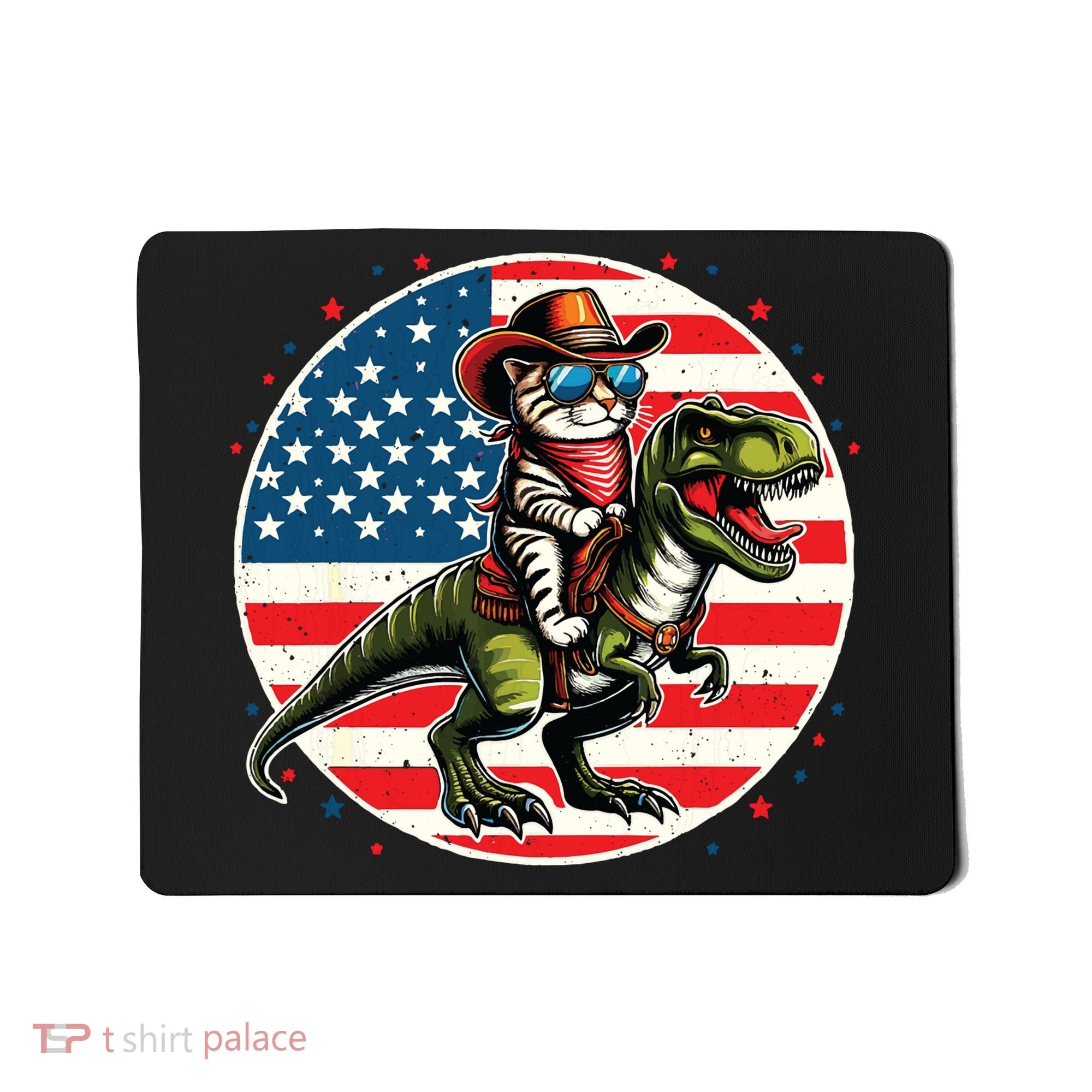 Funny Cowboy Cat Riding Dinosaur Usa Flag Trex 4th Of July Mousepad