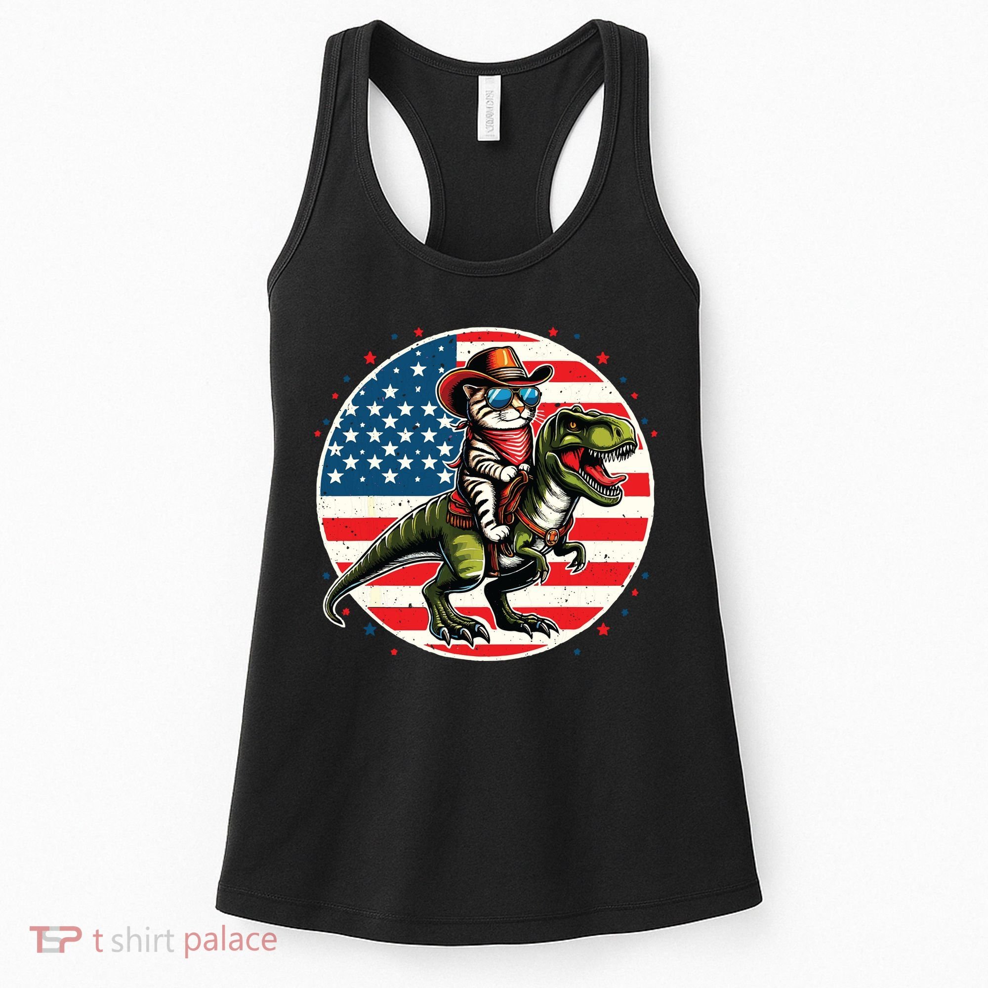 Funny Cowboy Cat Riding Dinosaur Usa Flag Trex 4th Of July Women's Tank Top