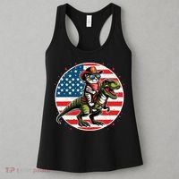 Funny Cowboy Cat Riding Dinosaur Usa Flag Trex 4th Of July Women's Tank Top thumb 3