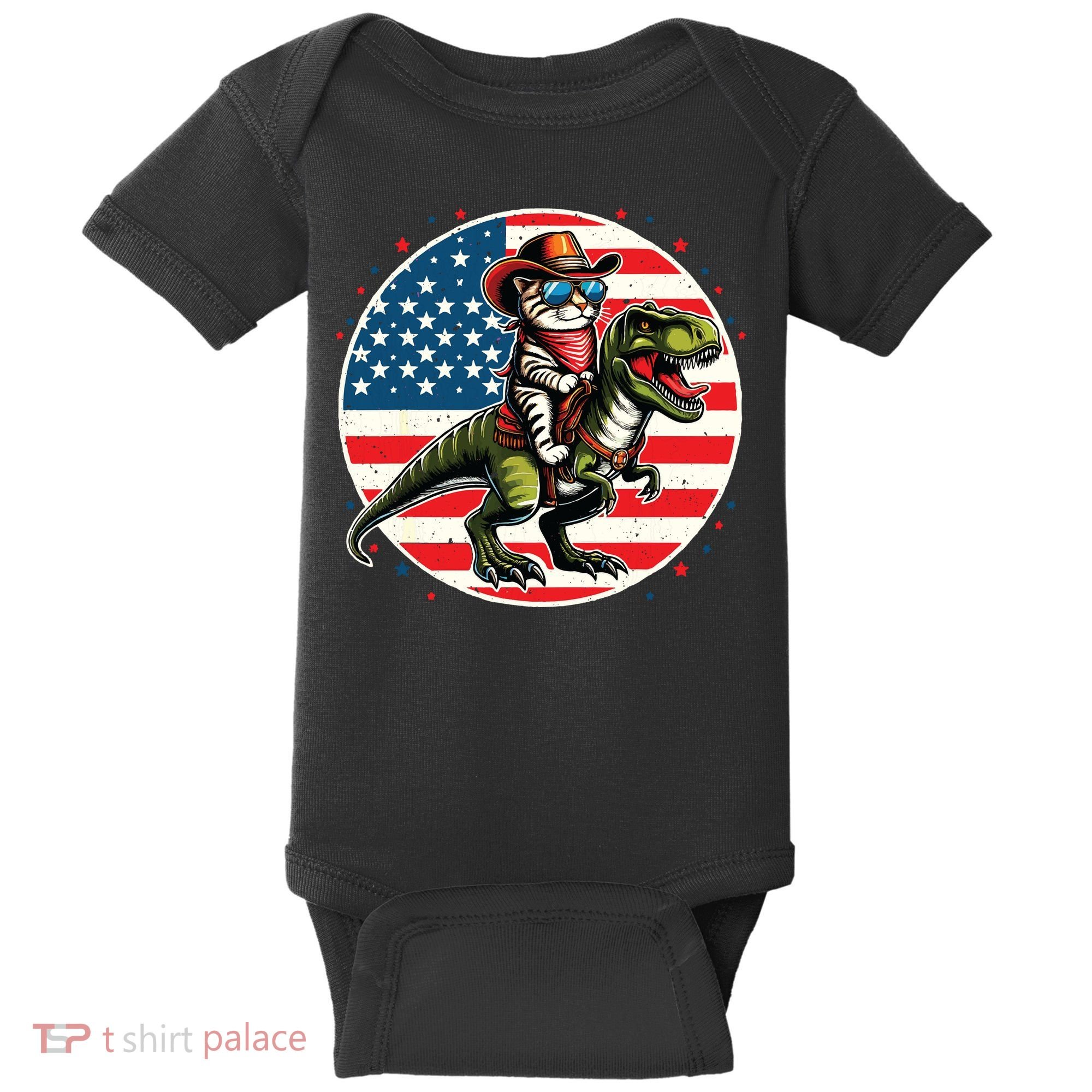 Funny Cowboy Cat Riding Dinosaur Usa Flag Trex 4th Of July Baby Bodysuit