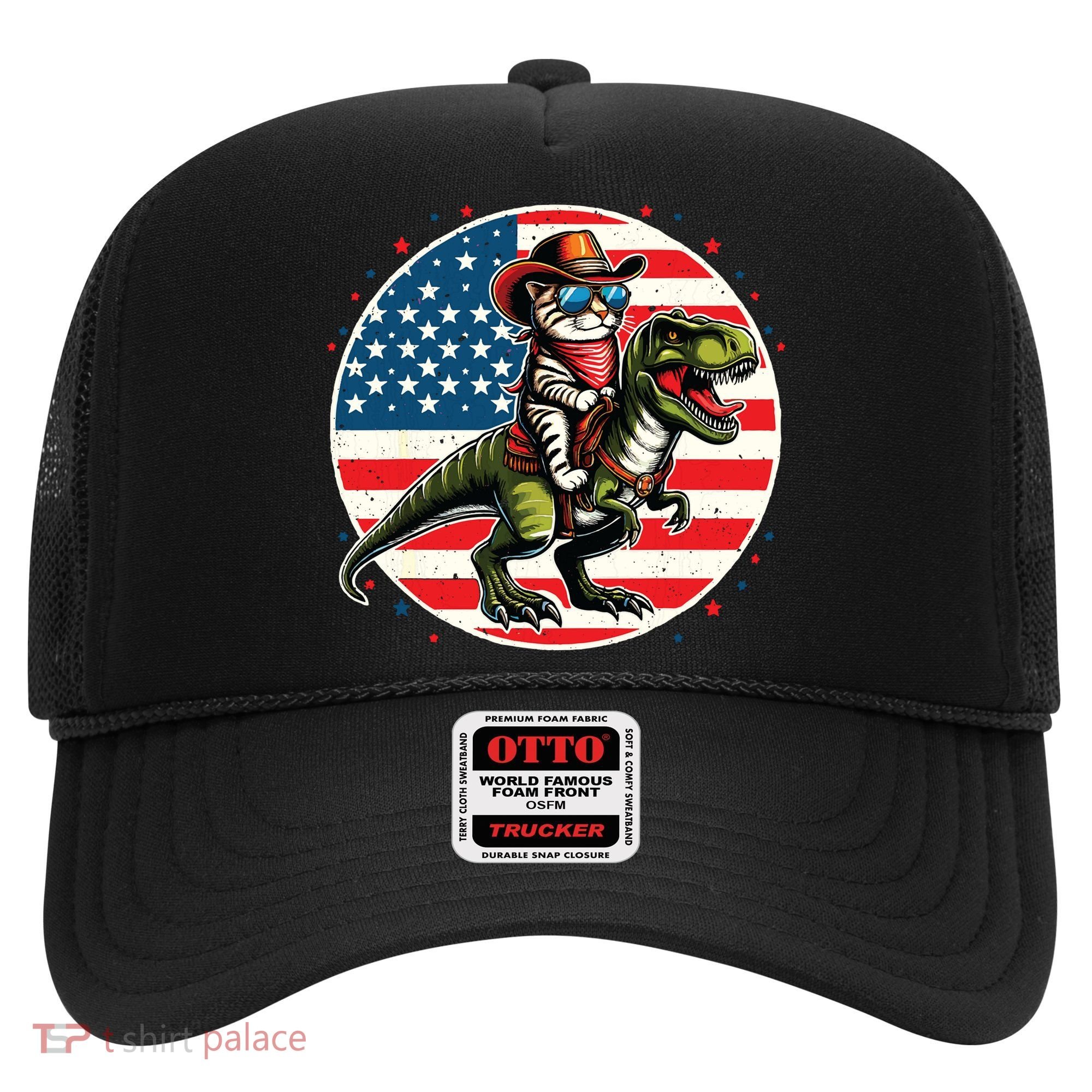 Funny Cowboy Cat Riding Dinosaur Usa Flag Trex 4th Of July Hat
