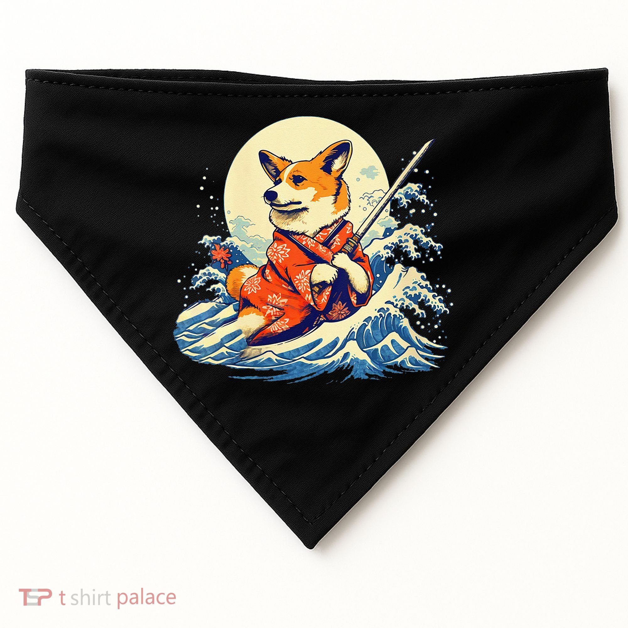 Funny Corgi Dog Japanese Grand Wave Ukiyoe Art Samurai Ninja USA-Made Doggie Bandana