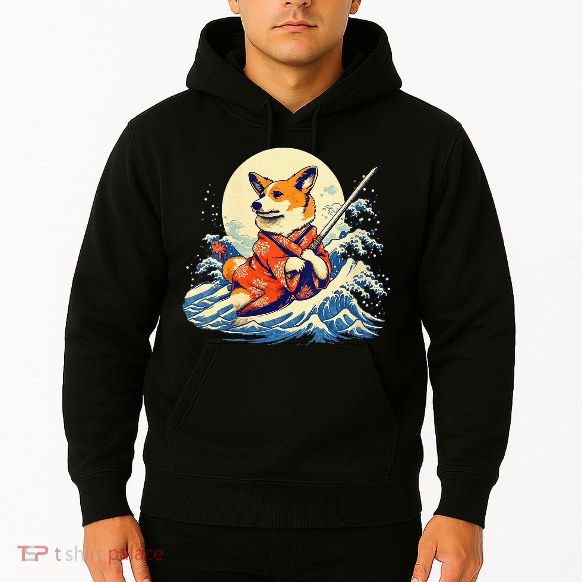 Funny Corgi Dog Japanese Grand Wave Ukiyoe Art Samurai Ninja Hoodie