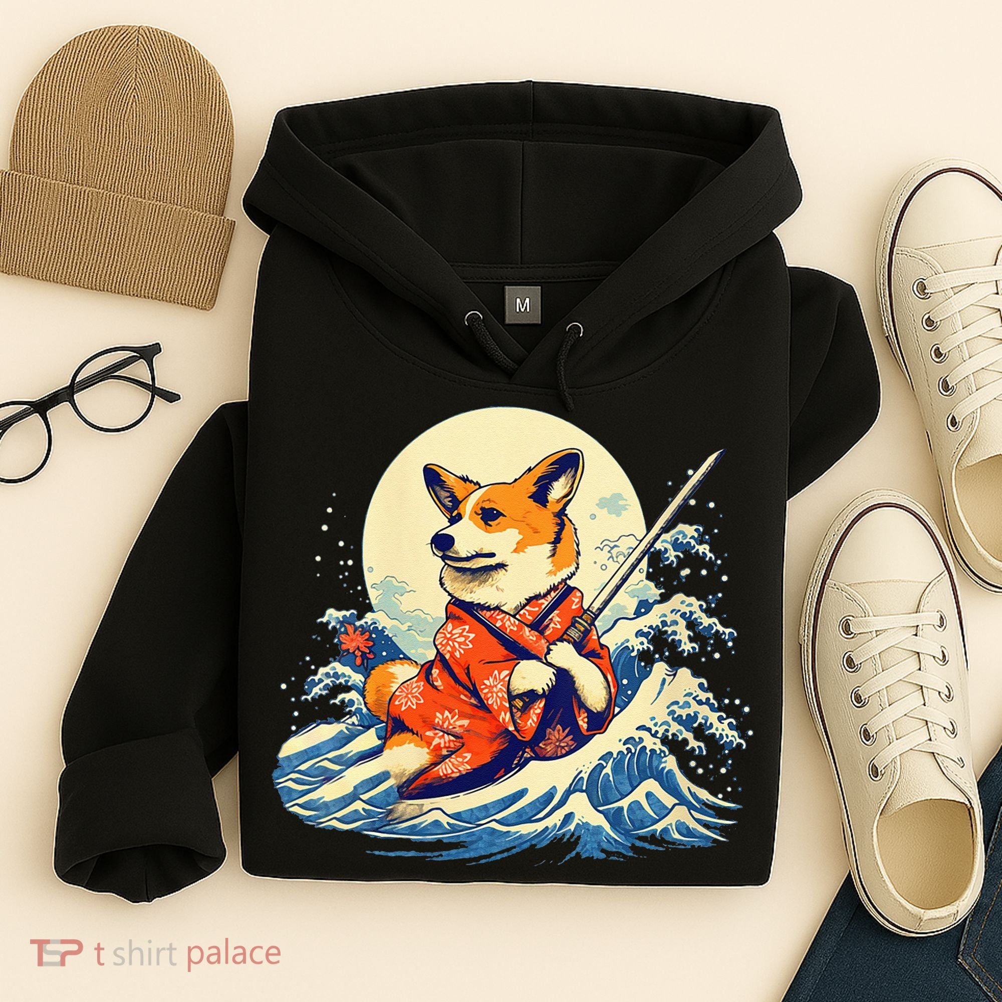 Funny Corgi Dog Japanese Grand Wave Ukiyoe Art Samurai Ninja Hoodie