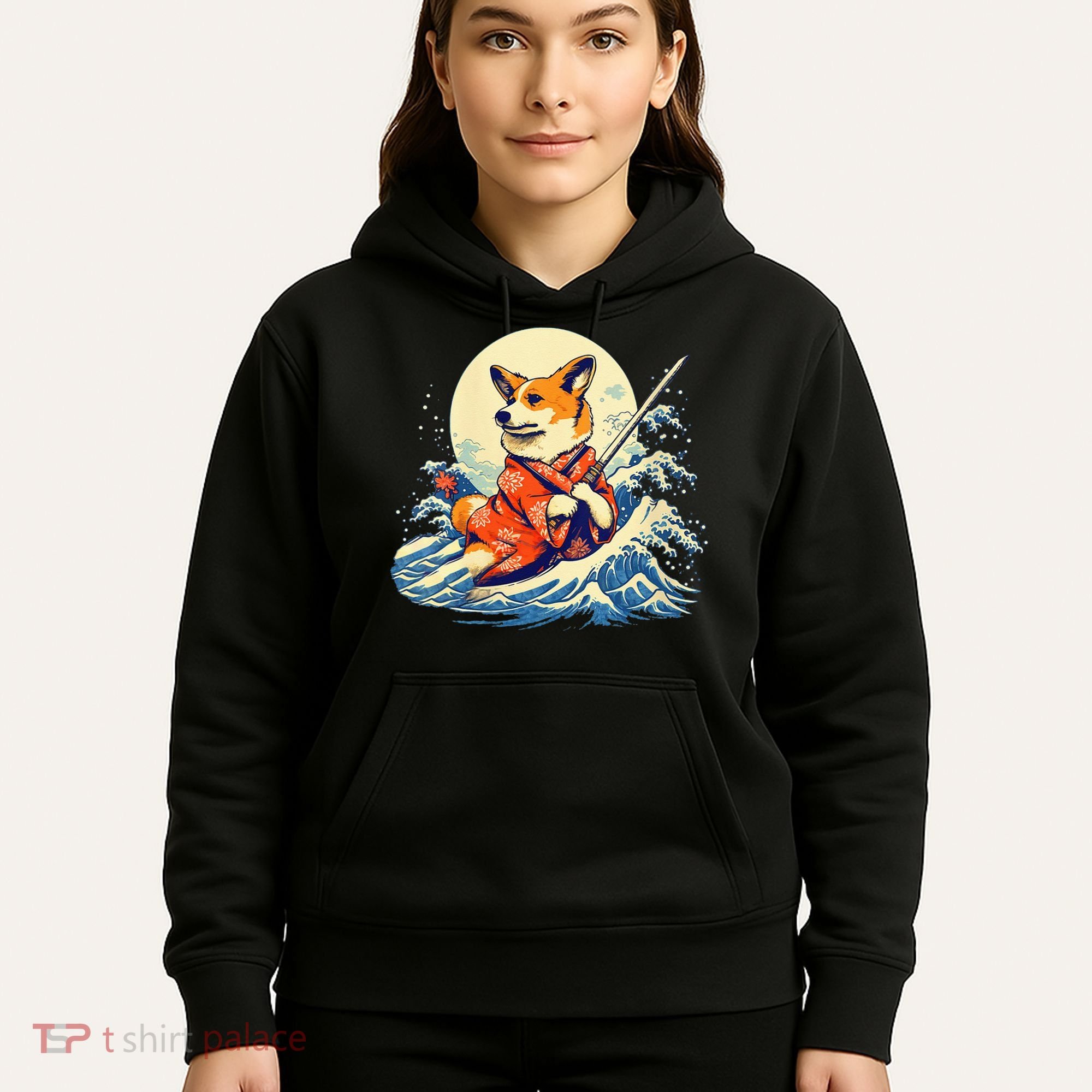 Funny Corgi Dog Japanese Grand Wave Ukiyoe Art Samurai Ninja Hoodie