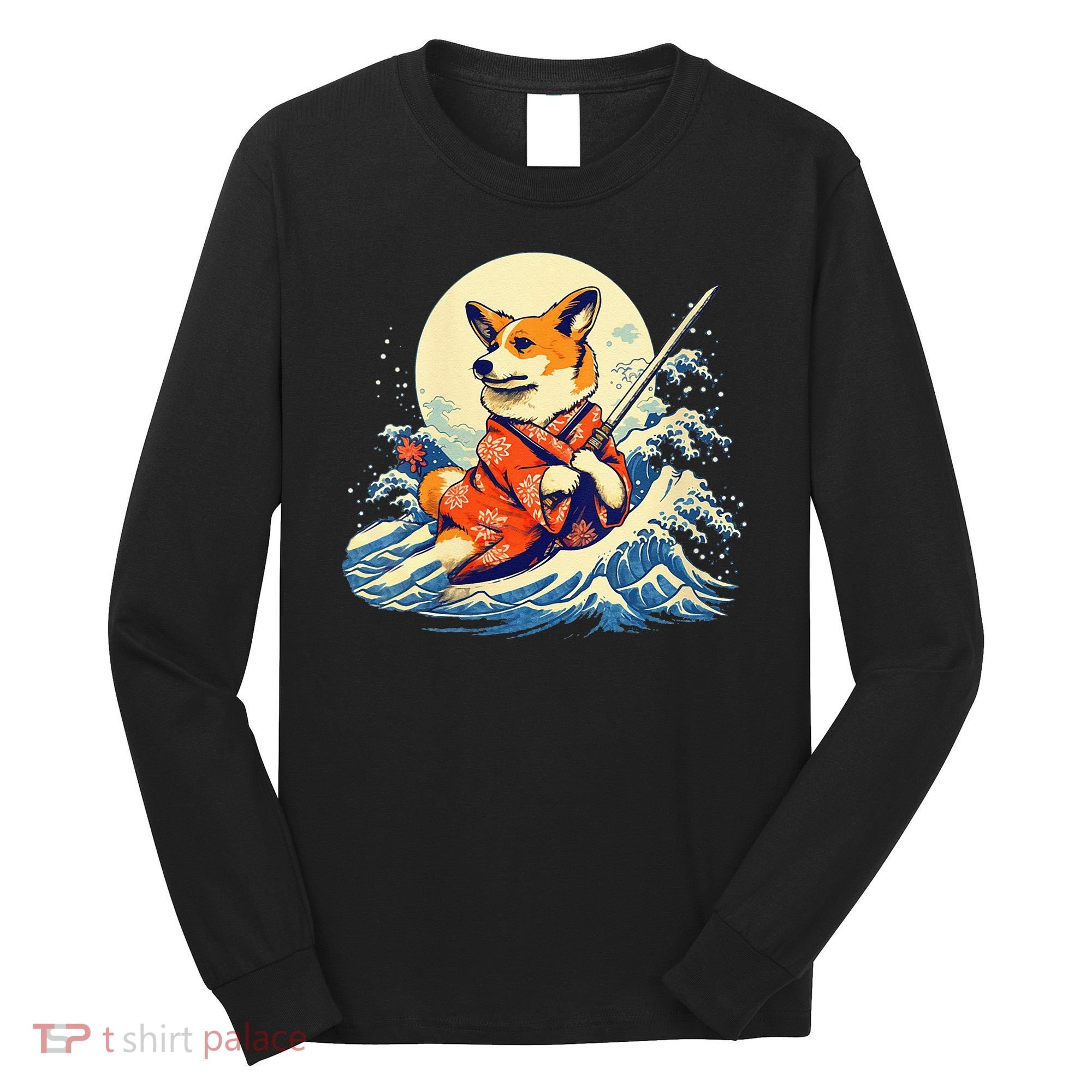 Funny Corgi Dog Japanese Grand Wave Ukiyoe Art Samurai Ninja Long Sleeve Shirt