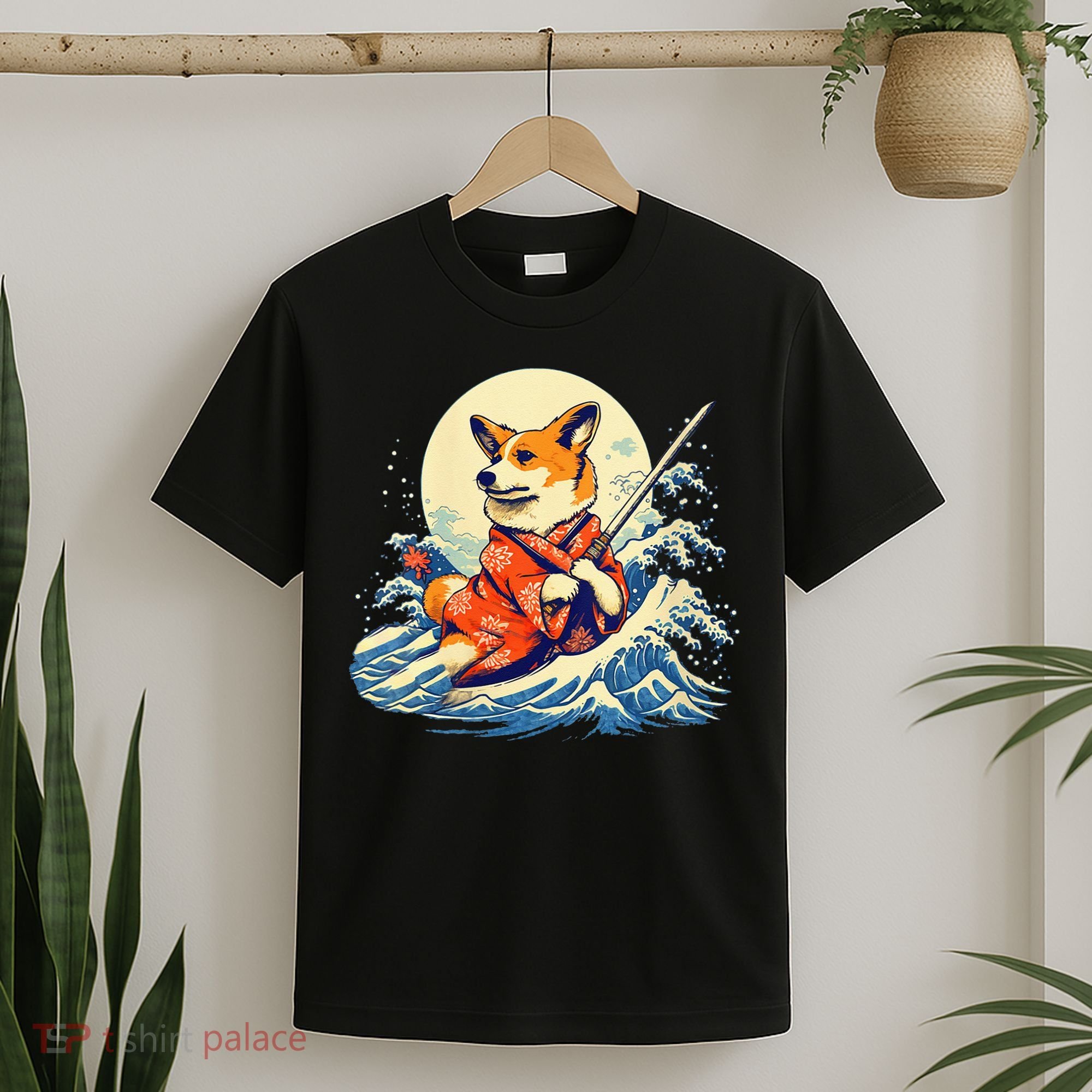Funny Corgi Dog Japanese Grand Wave Ukiyoe Art Samurai Ninja T-Shirt