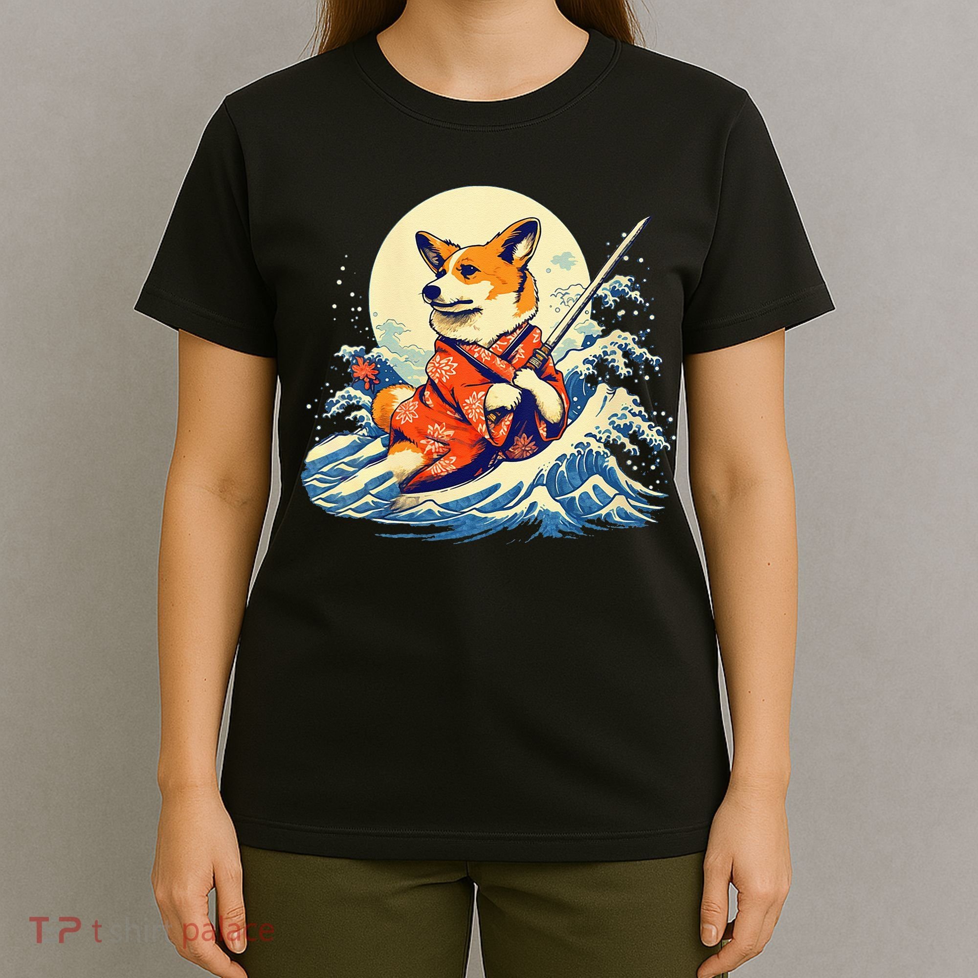 Funny Corgi Dog Japanese Grand Wave Ukiyoe Art Samurai Ninja T-Shirt