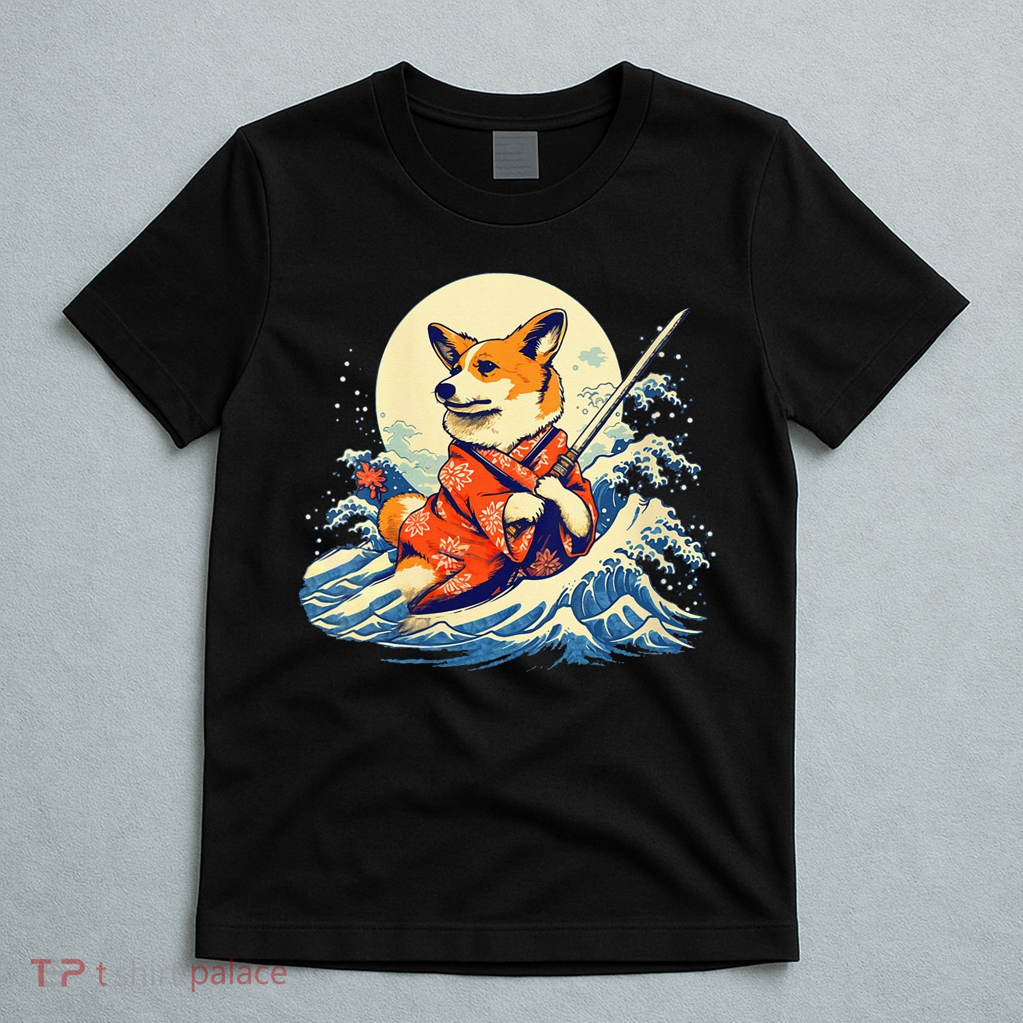 Funny Corgi Dog Japanese Grand Wave Ukiyoe Art Samurai Ninja T-Shirt