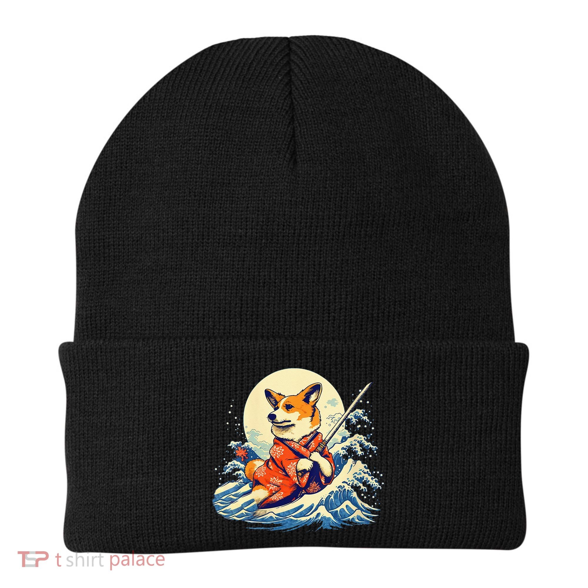 Funny Corgi Dog Japanese Grand Wave Ukiyoe Art Samurai Ninja Beanie