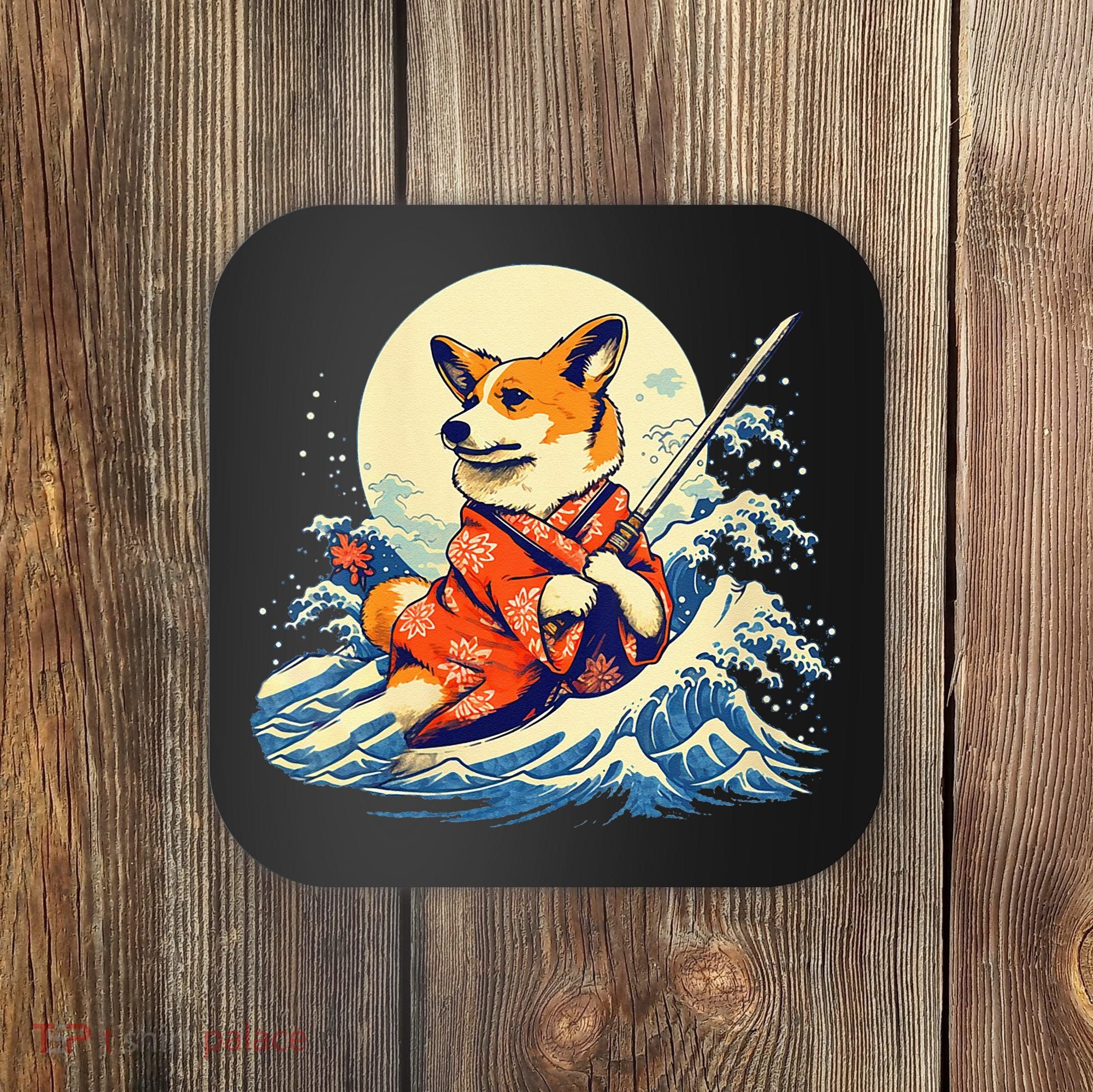 Funny Corgi Dog Japanese Grand Wave Ukiyoe Art Samurai Ninja Coaster