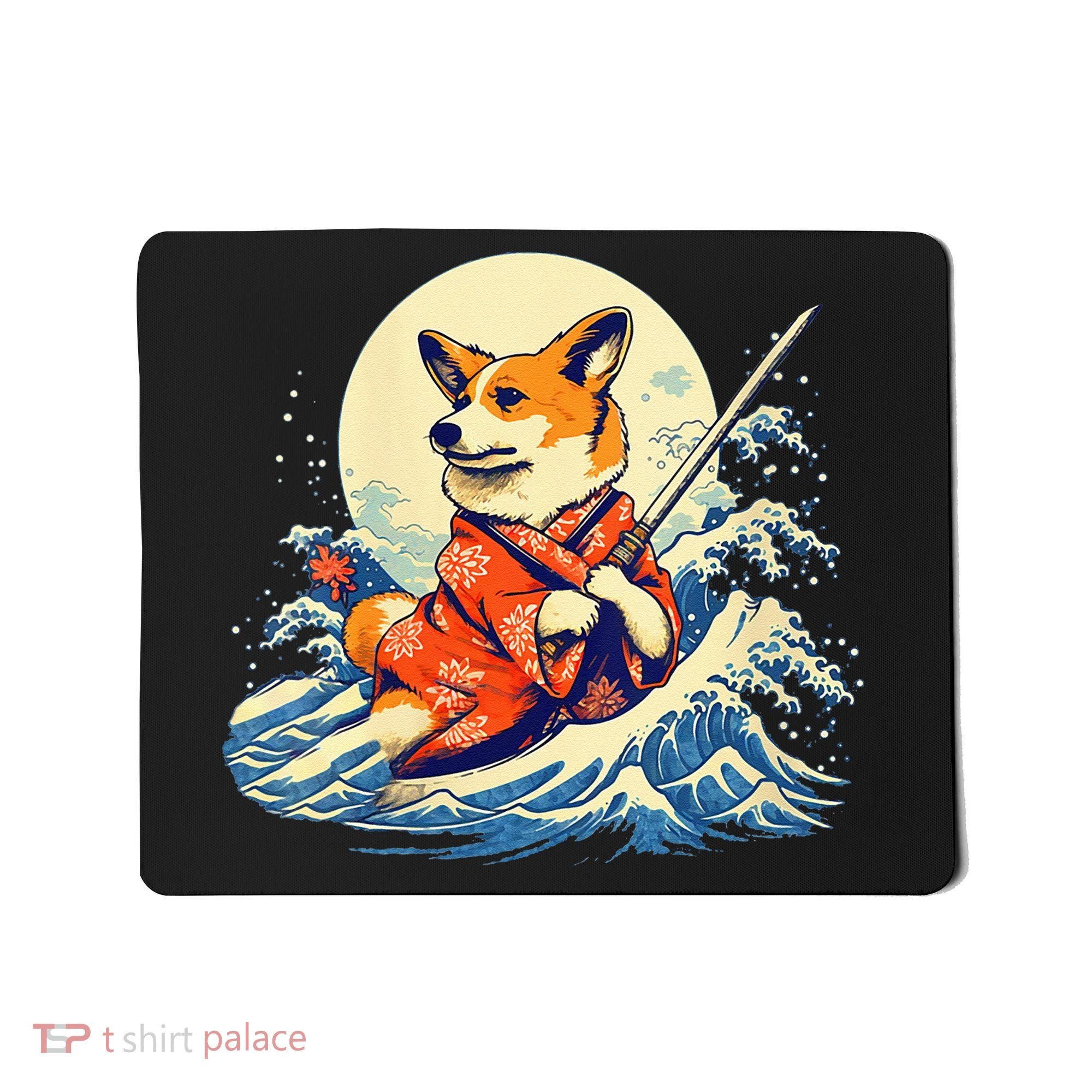 Funny Corgi Dog Japanese Grand Wave Ukiyoe Art Samurai Ninja Mousepad
