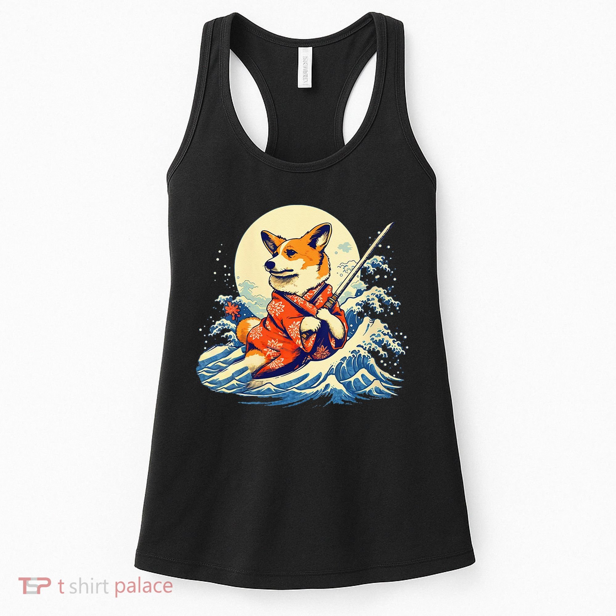 Funny Corgi Dog Japanese Grand Wave Ukiyoe Art Samurai Ninja Women's Tank Top