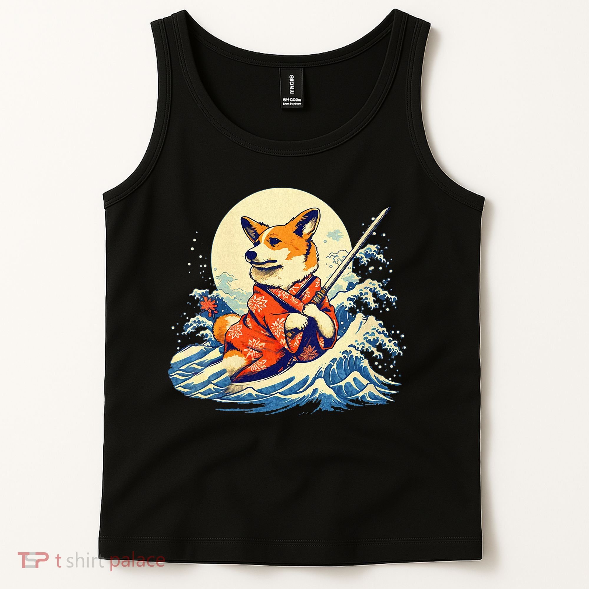 Funny Corgi Dog Japanese Grand Wave Ukiyoe Art Samurai Ninja Tank Top
