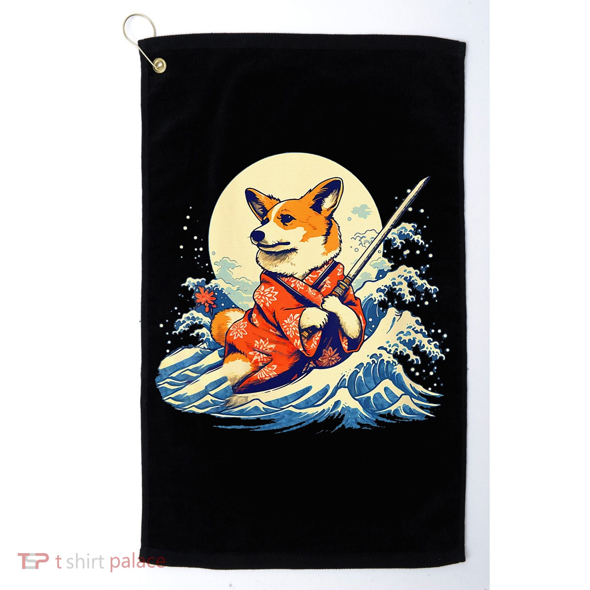 Funny Corgi Dog Japanese Grand Wave Ukiyoe Art Samurai Ninja Golf Towel
