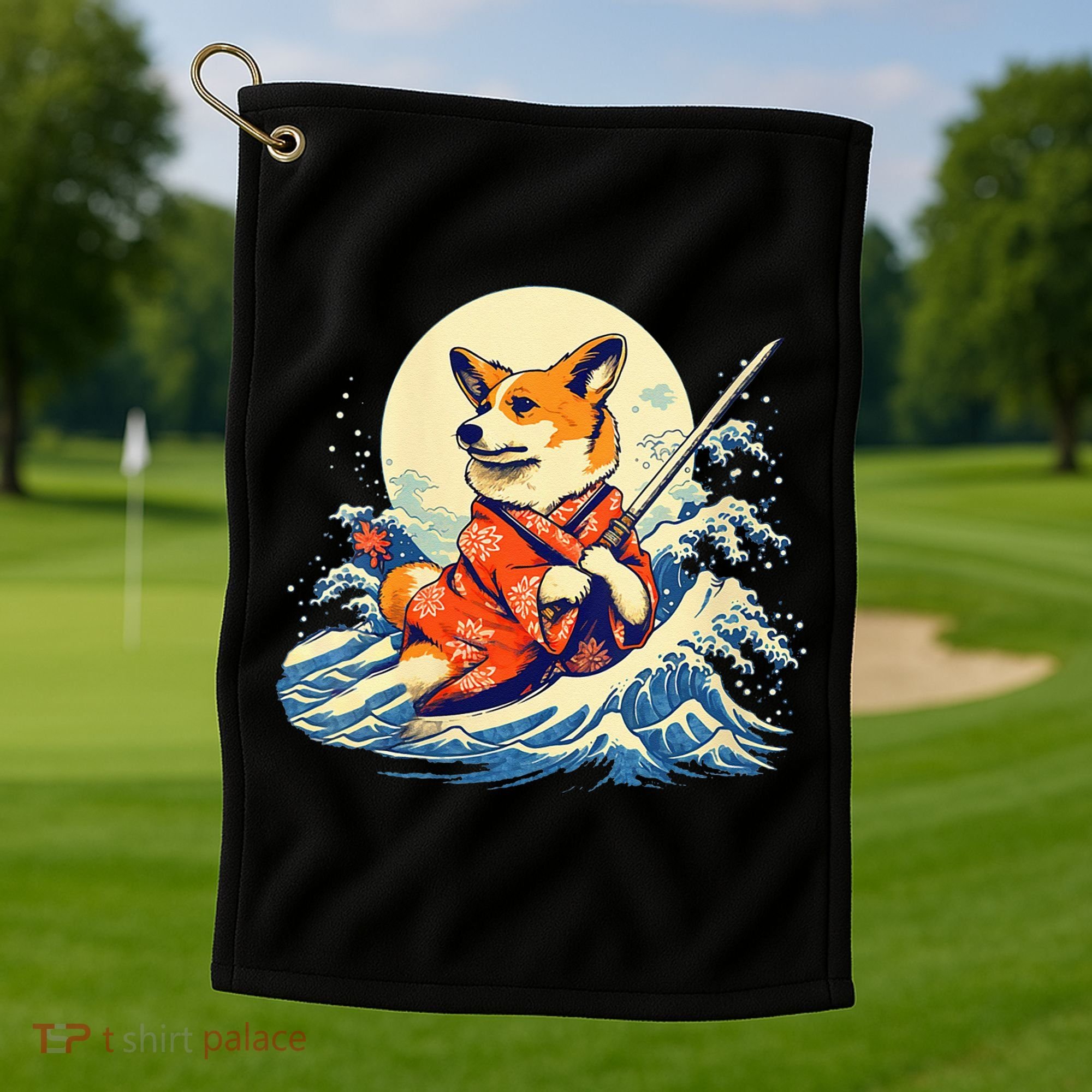 Funny Corgi Dog Japanese Grand Wave Ukiyoe Art Samurai Ninja Golf Towel