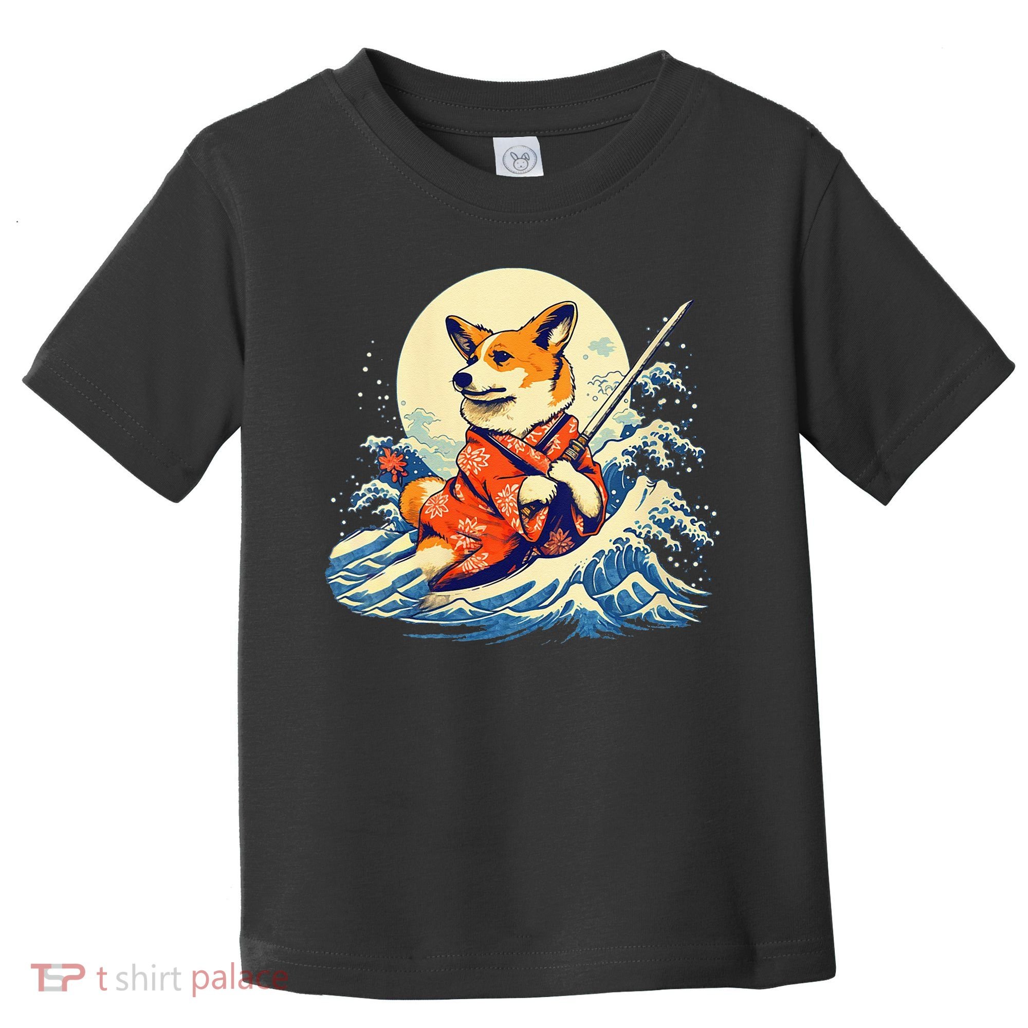 Funny Corgi Dog Japanese Grand Wave Ukiyoe Art Samurai Ninja Toddler T-Shirt