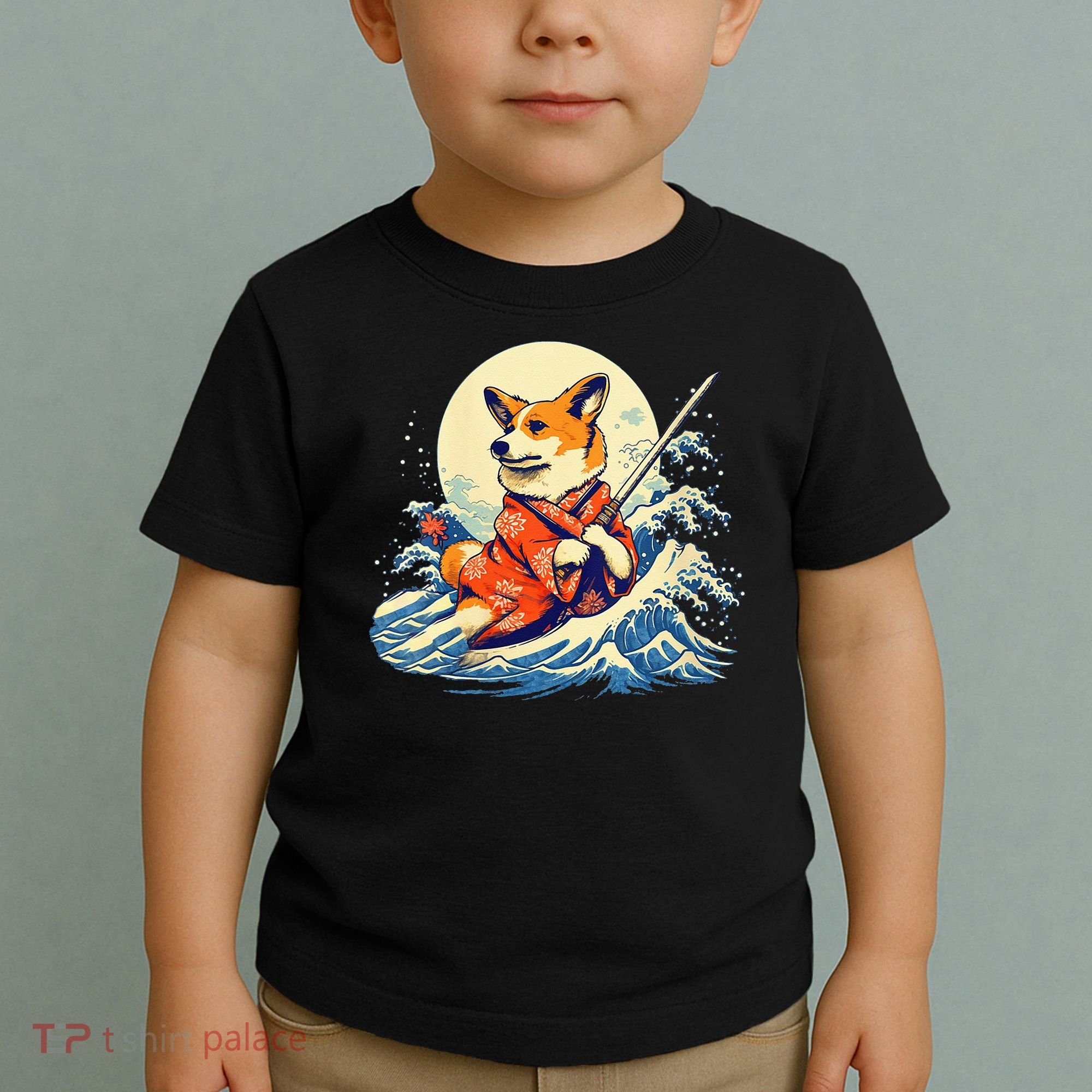 Funny Corgi Dog Japanese Grand Wave Ukiyoe Art Samurai Ninja Toddler T-Shirt