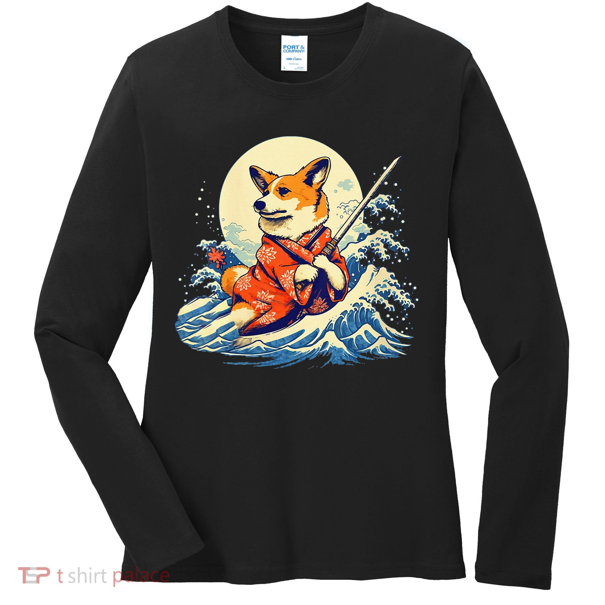 Funny Corgi Dog Japanese Grand Wave Ukiyoe Art Samurai Ninja Women's Long Sleeve Shirt