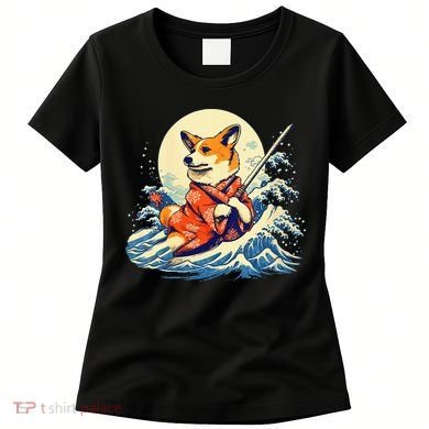 Funny Corgi Dog Japanese Grand Wave Ukiyoe Art Samurai Ninja Women's T-Shirt